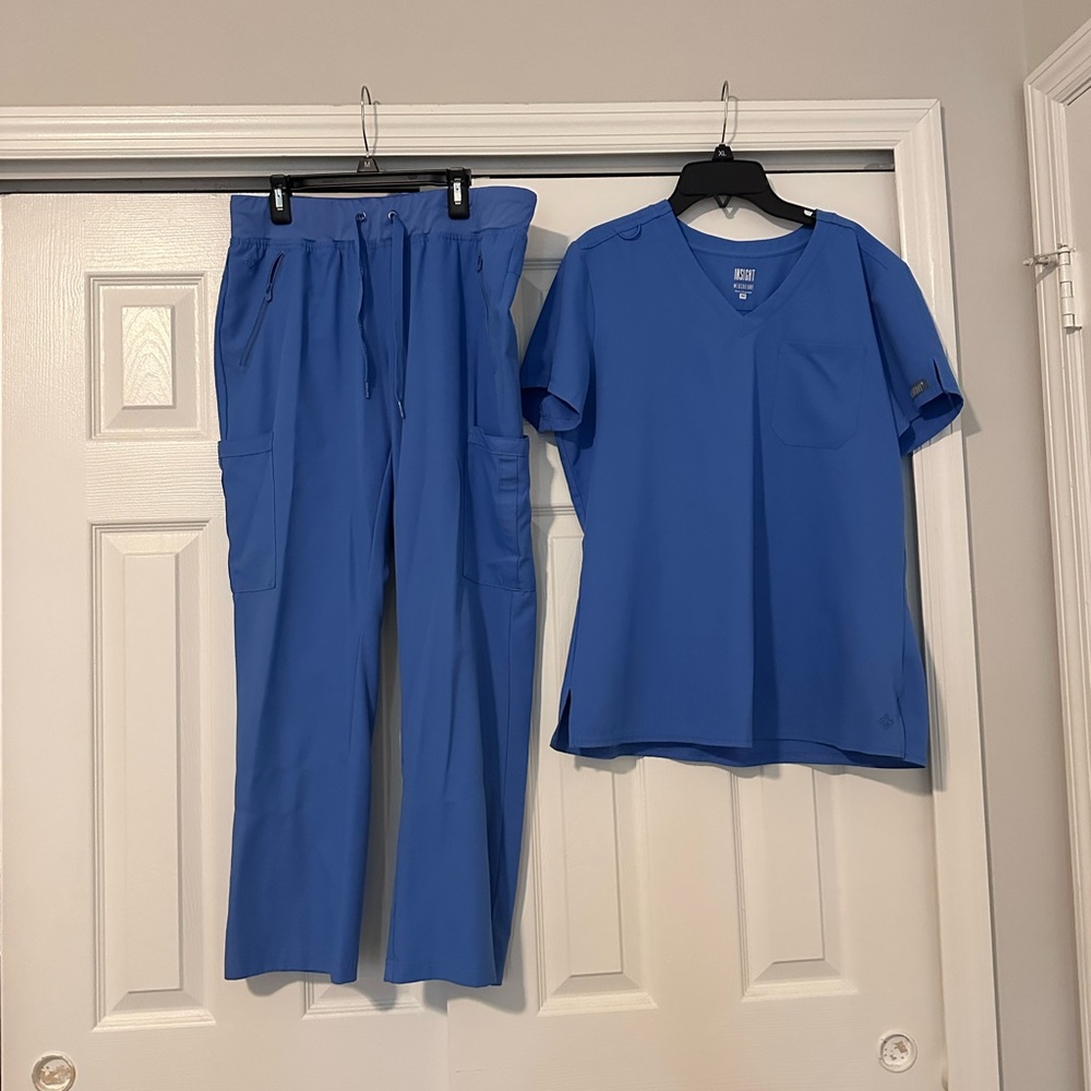 Med Couture Blue Scrub Set,  petite medium pant, medium top.